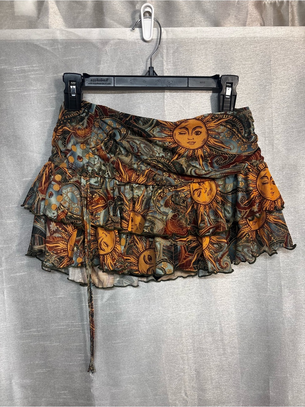 Celestial Sun Moon Ruffle Mini Skirt Built-In Shorts Boho Festival M